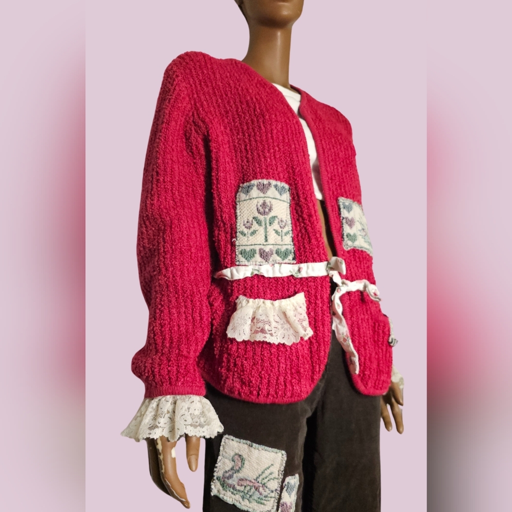 Vintage Hunt Club radberry color Knit Cardigan with custome patchwork size M